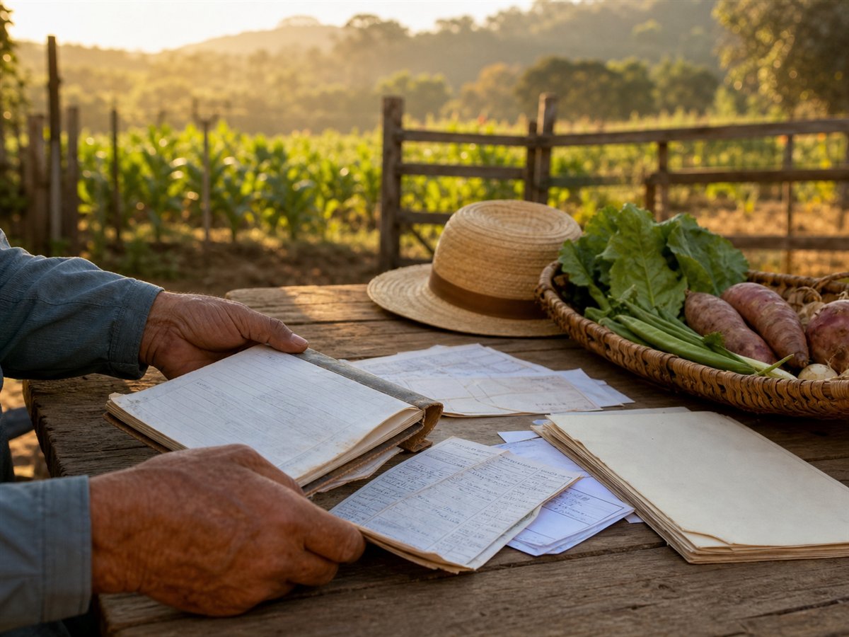 Documentos de atividade rural organizados em uma pequena propriedade