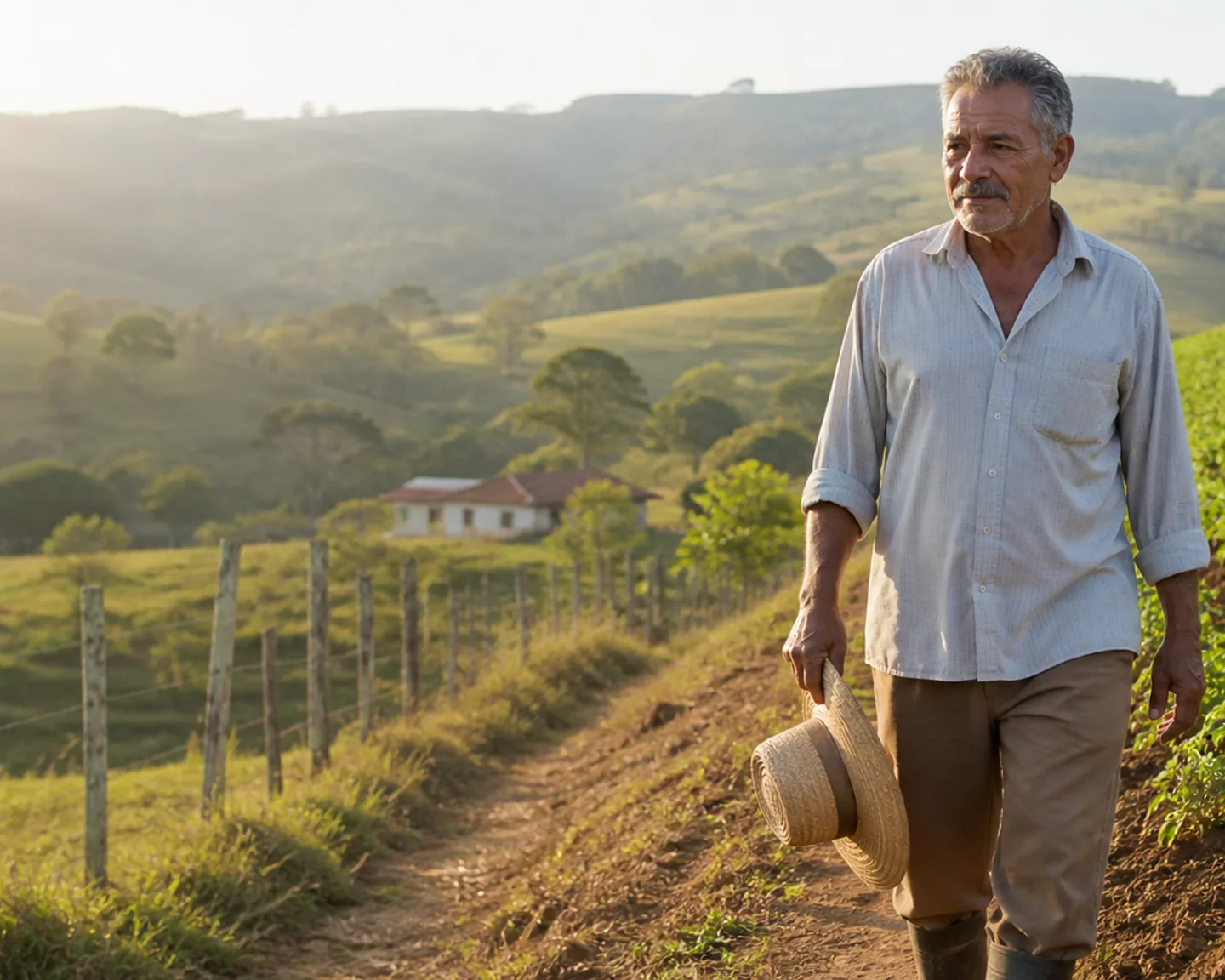 Trabalhador em pequena propriedade rural entre as colinas de Minas Gerais