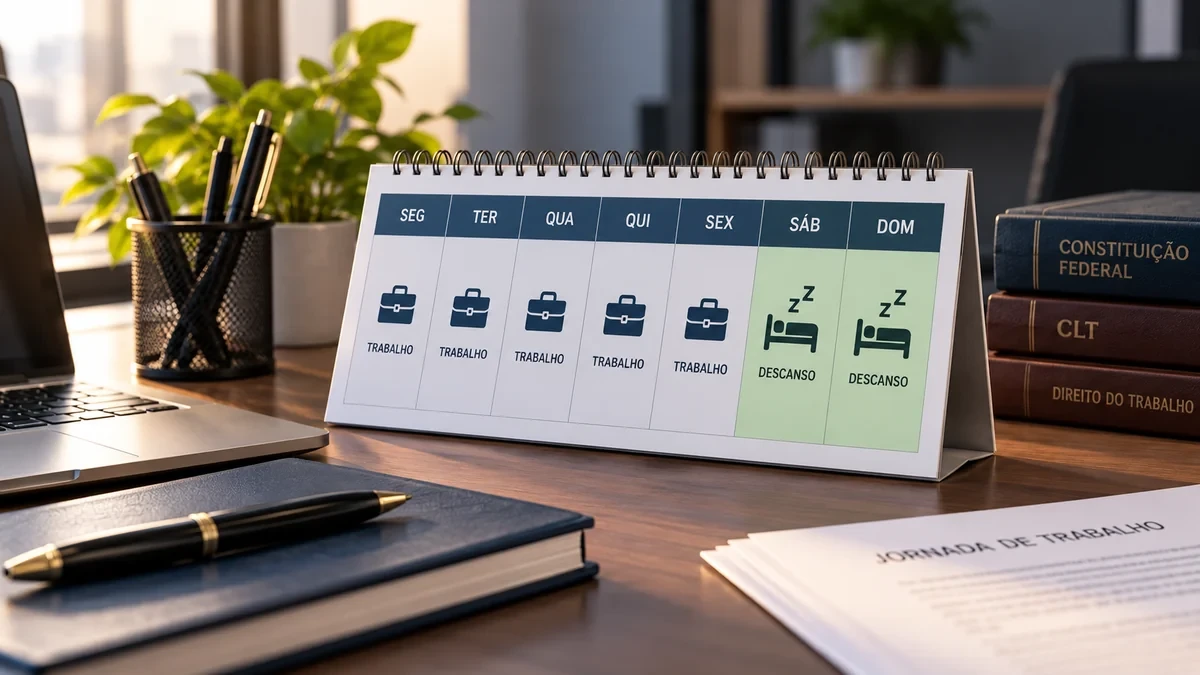Calendário semanal de mesa com cinco dias identificados como trabalho e dois dias de descanso, acompanhado de livros jurídicos em um escritório