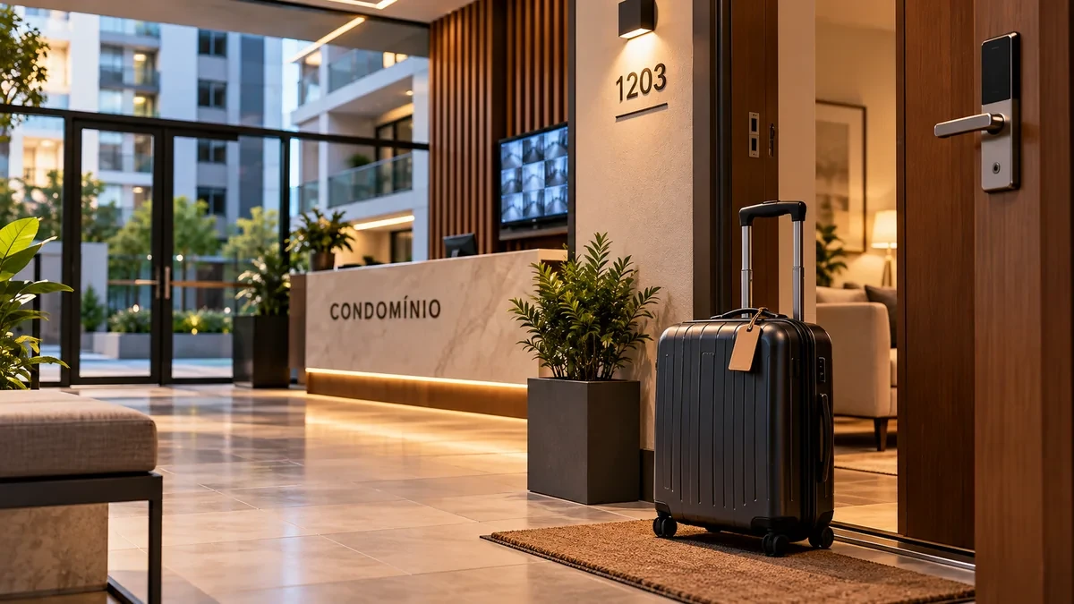 Mala de viagem diante de uma porta de apartamento, com portaria e áreas comuns de condomínio residencial ao fundo