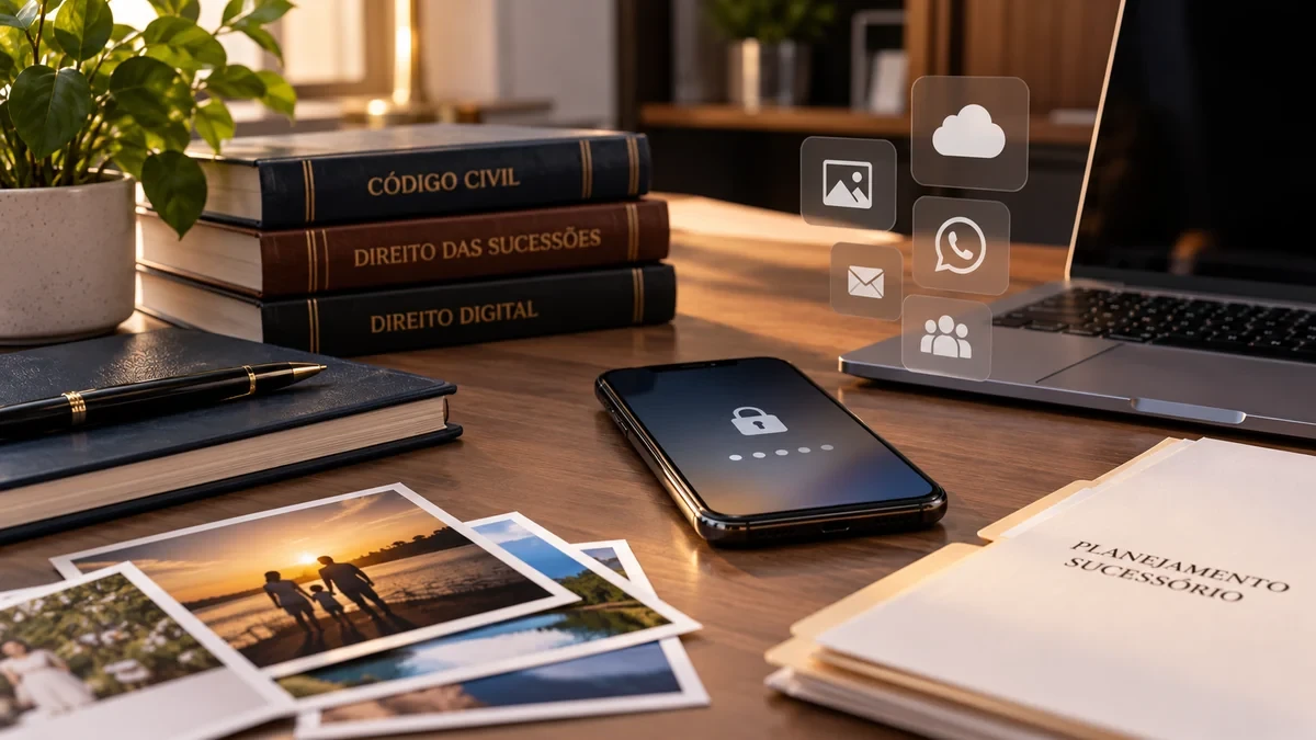 Celular com símbolo de segurança ao lado de fotografias familiares, notebook e livros de Direito Civil, Sucessões e Direito Digital em escritório