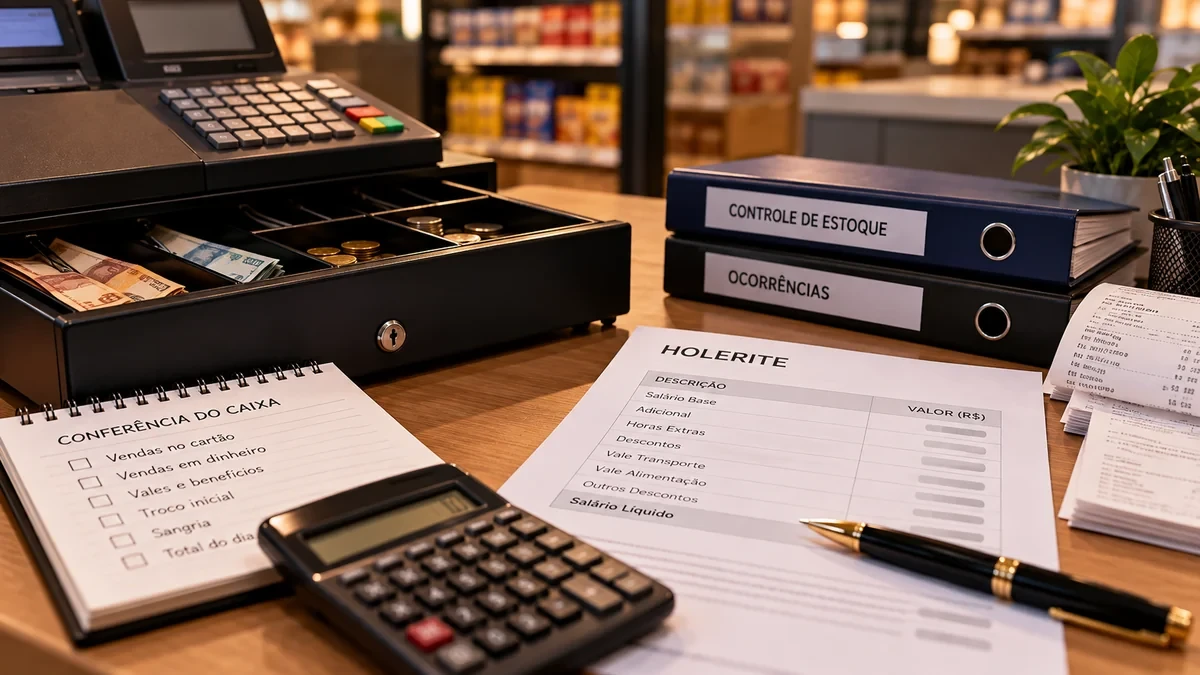 Mesa de conferência de caixa com registradora, contracheque, calculadora e documentos organizados
