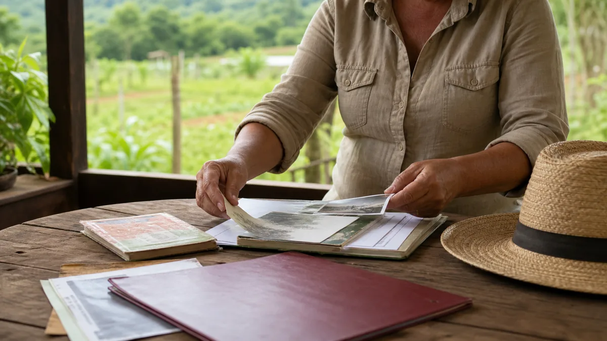 Trabalhadora rural organiza documentos de sua atividade em uma mesa na propriedade