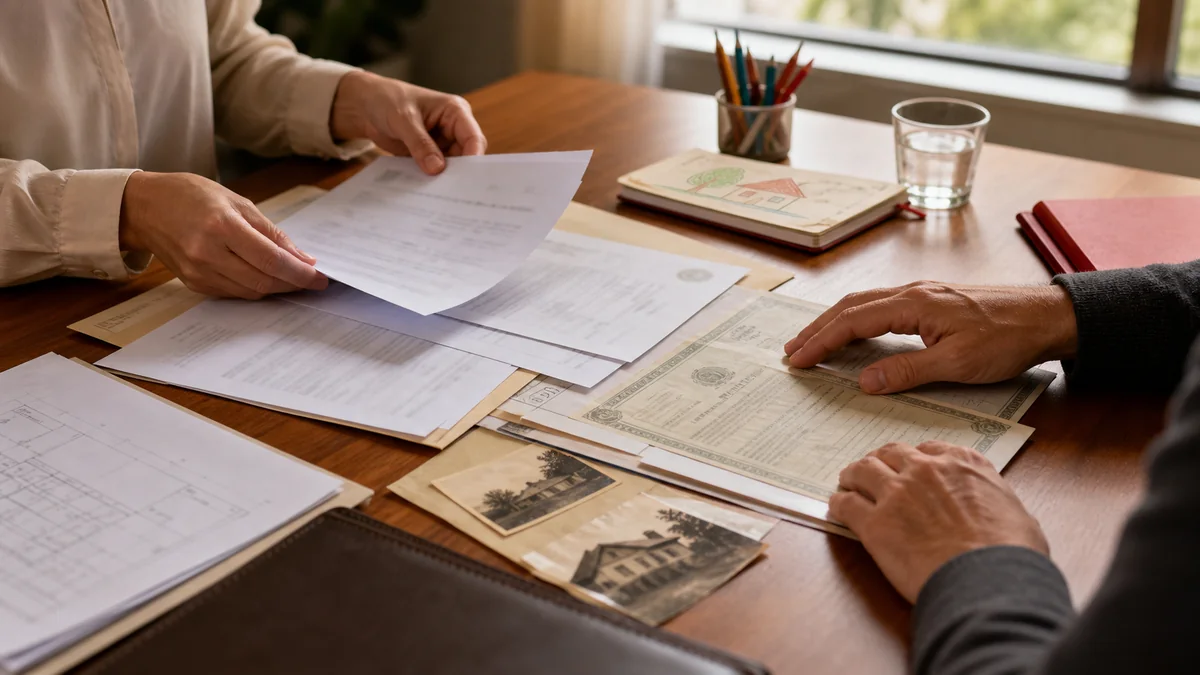 Duas pessoas organizam documentos de inventário em mesa com caderno infantil ao fundo