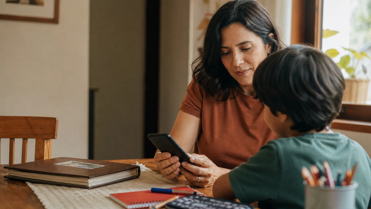Mãe conversa com o filho sobre privacidade antes de usar o celular