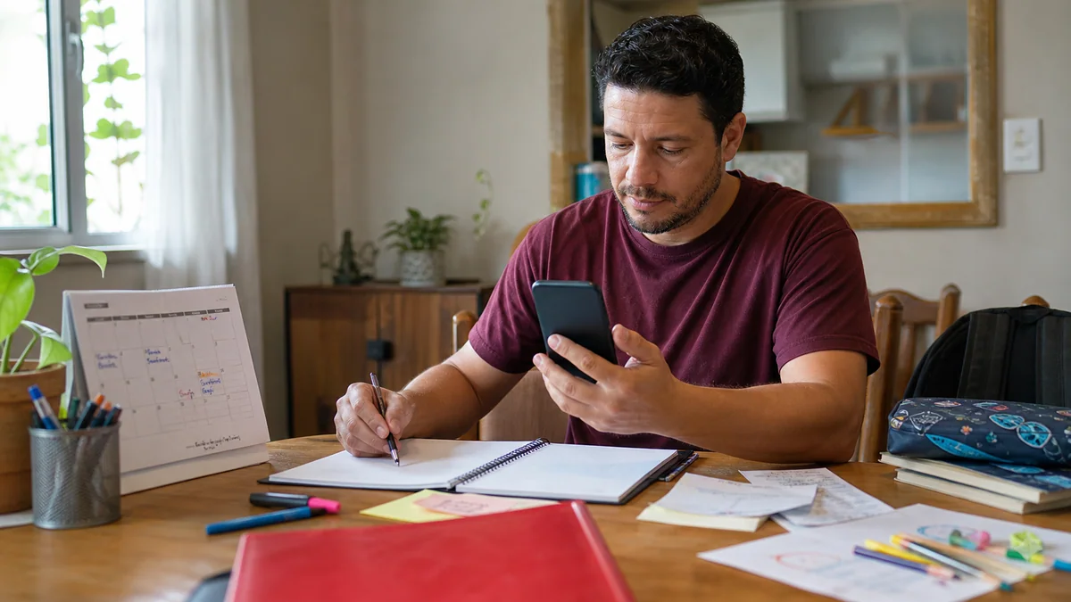 Pai confere o celular e organiza o orçamento mensal da criança em uma mesa