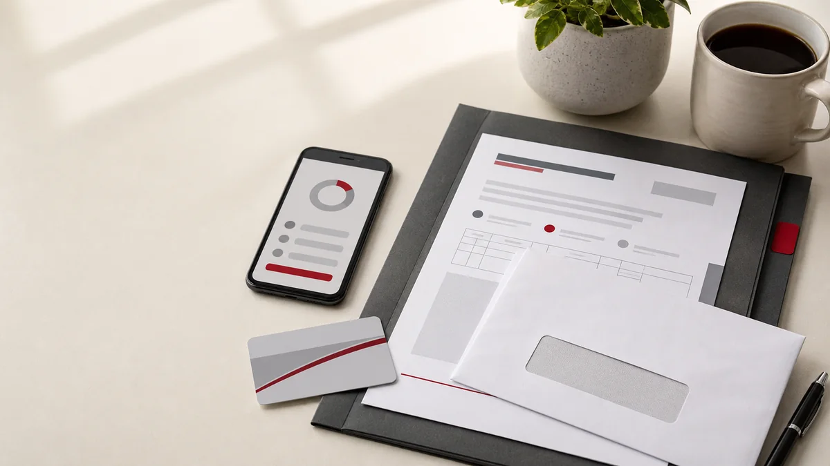 Celular, carteirinha sem identificação e documentos de solicitação médica organizados sobre uma mesa