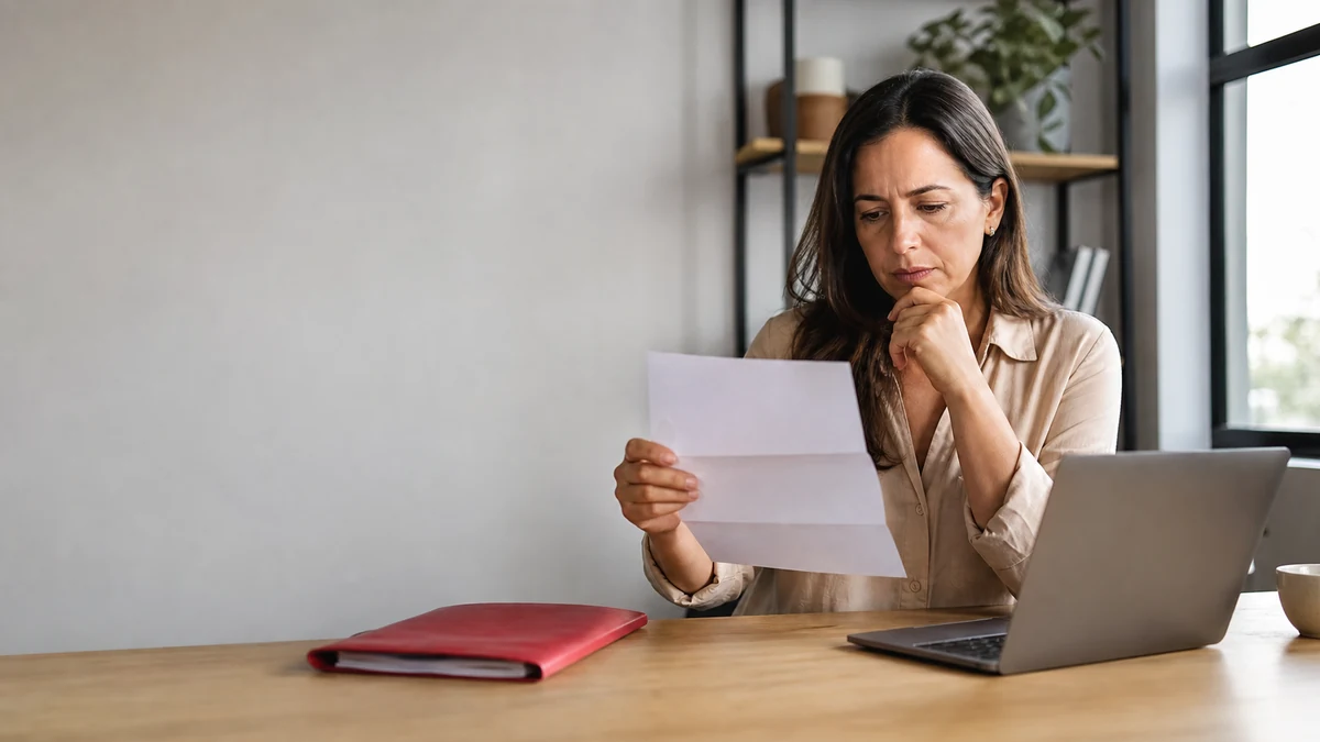 Empresária analisa uma carta sobre seu plano de saúde ao lado de um notebook
