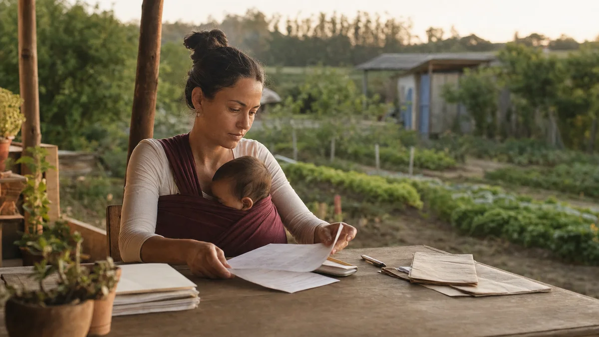 Trabalhadora rural com bebê organiza documentos em uma mesa diante da horta familiar