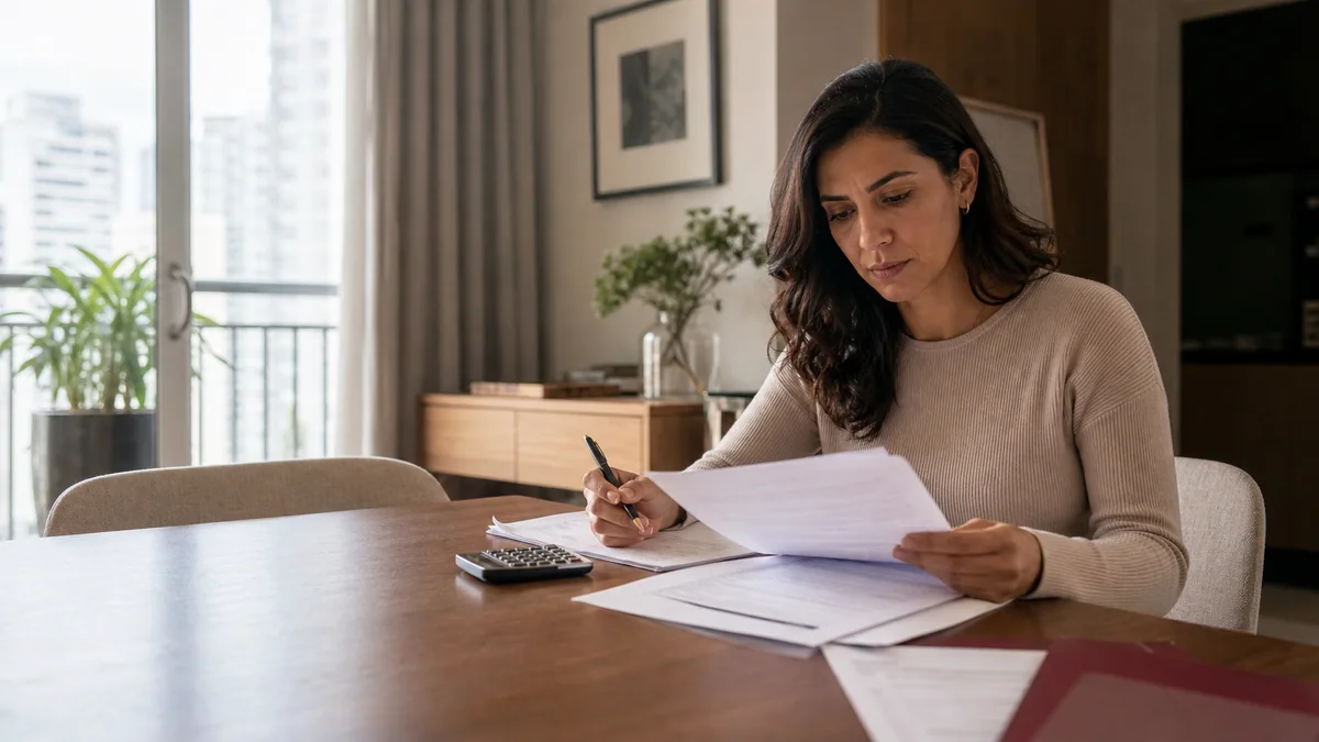 Compradora analisa documentos de contrato imobiliário e uma cobrança administrativa