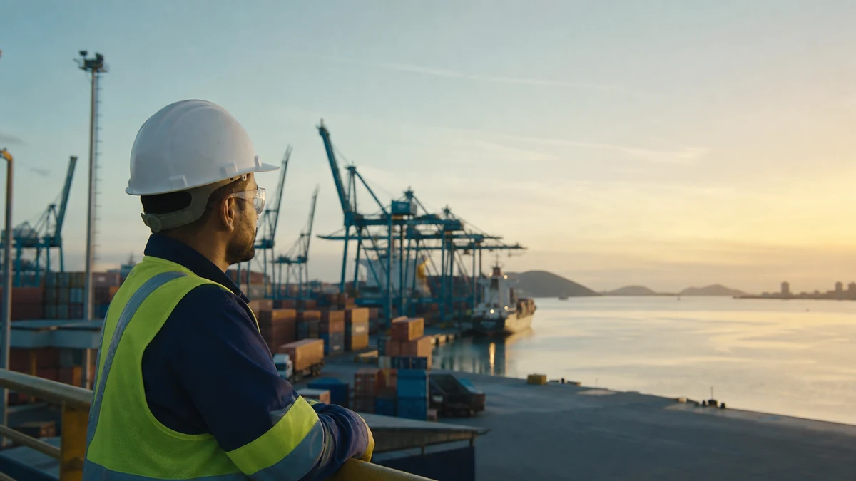Trabalhador portuário com equipamentos de proteção observa terminal na Grande Vitória
