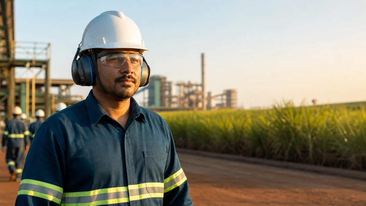 Trabalhador de usina com equipamentos de proteção diante do canavial e da planta industrial