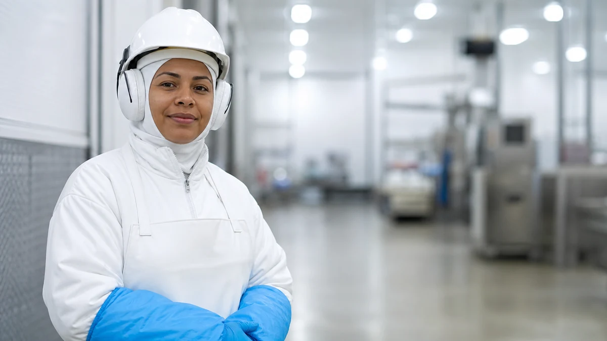 Trabalhadora de frigorífico com uniforme térmico e equipamentos de proteção em área refrigerada