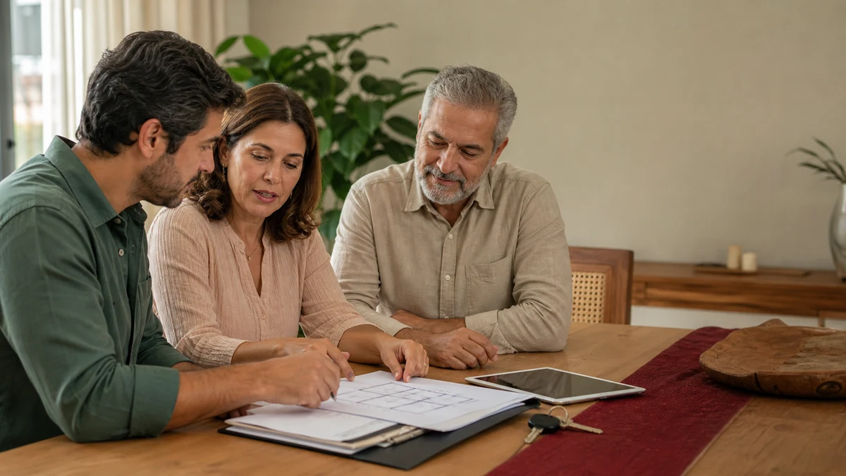 Familiares adultos analisam documentos e chave de imóvel pertencente ao espólio