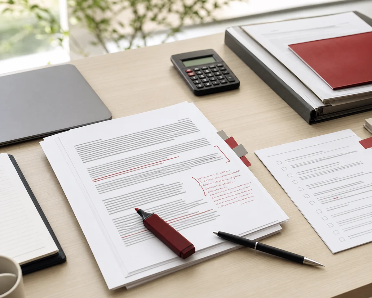 Documentos empresariais em revisão, com marcações, calculadora e caneta sobre uma mesa