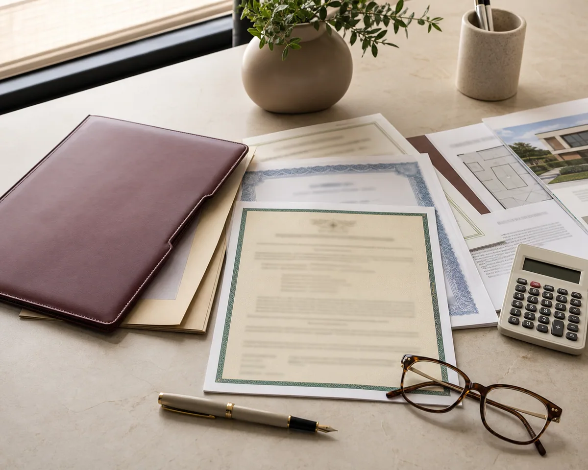 Documentos e certidões organizados sobre uma mesa de trabalho