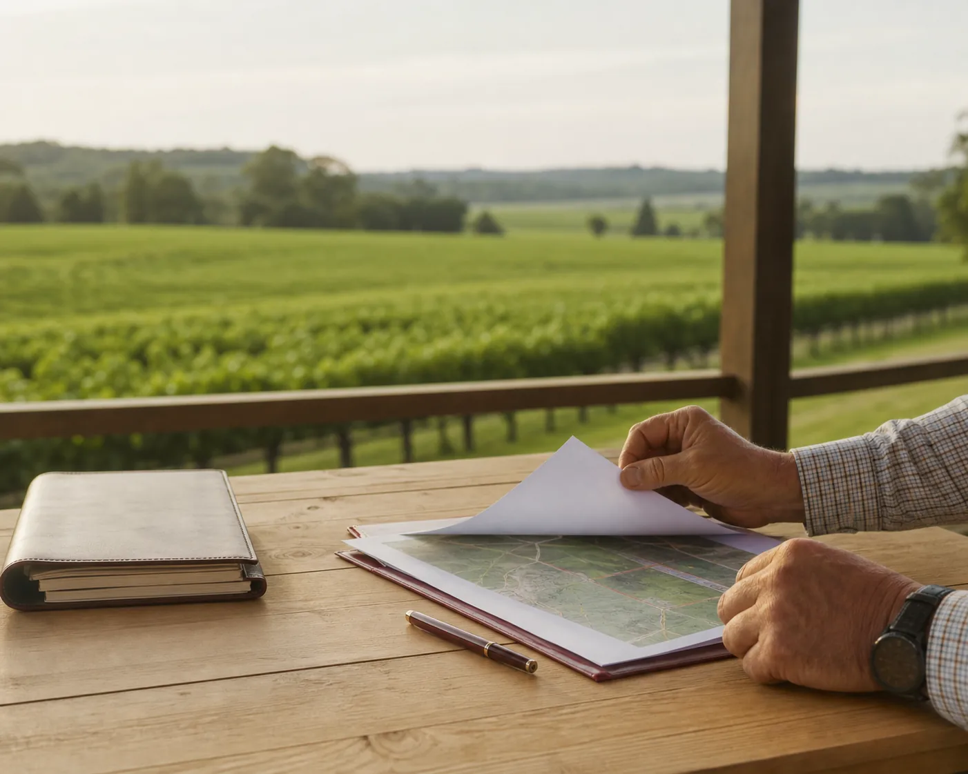 Produtor rural analisa documentos e mapa da propriedade com lavoura ao fundo