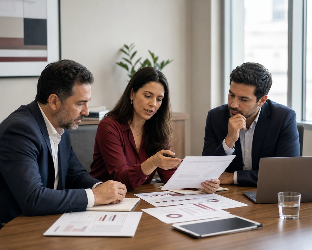 Equipe empresarial analisando relatórios de uma carteira de créditos