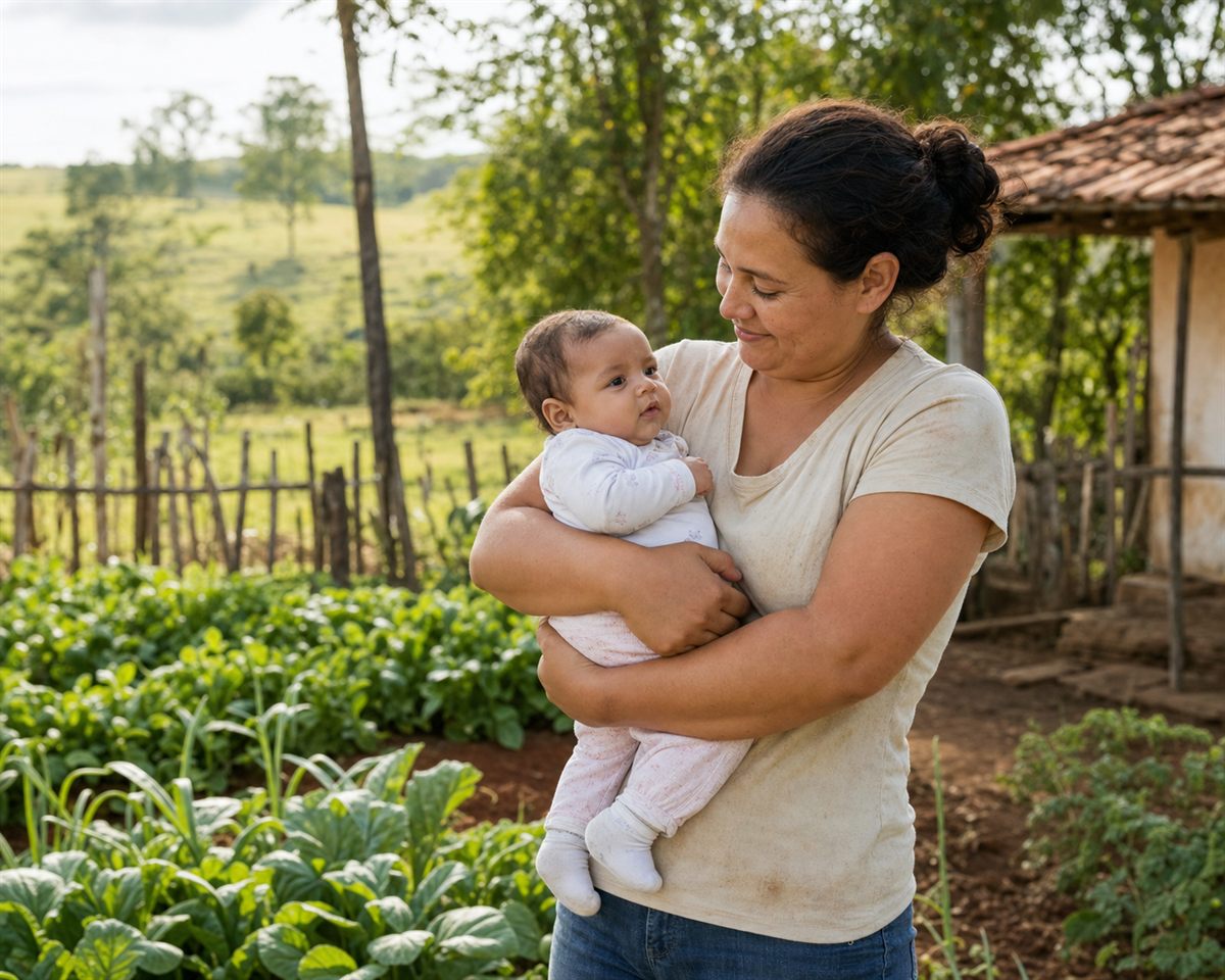 Trabalhadora rural com bebê no colo em pequena propriedade familiar