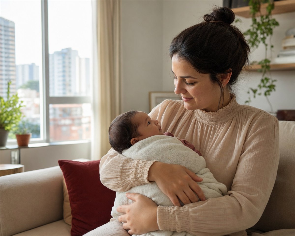 Mãe com bebê no colo em apartamento urbano