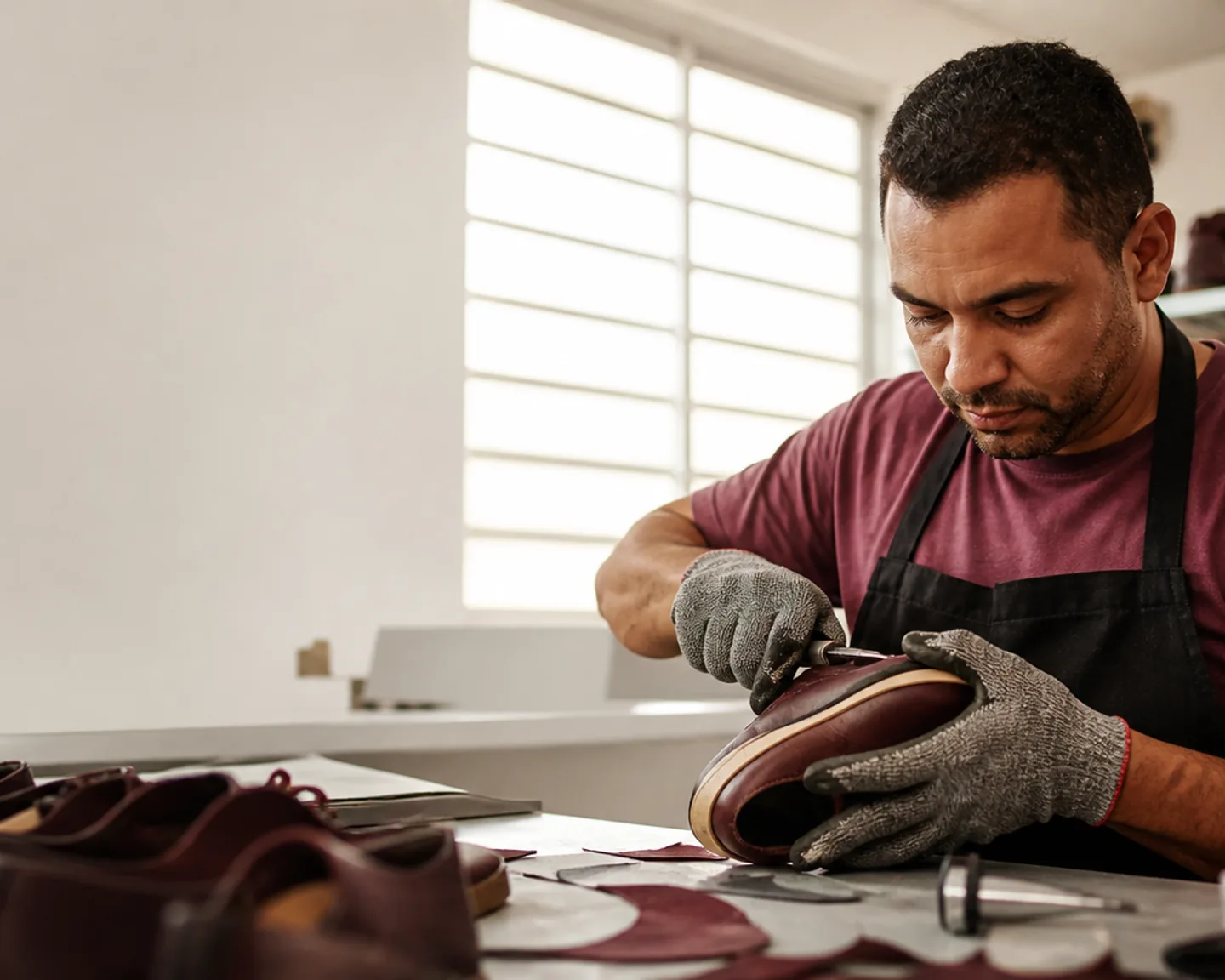 Trabalhador montando calçado em oficina de Nova Serrana
