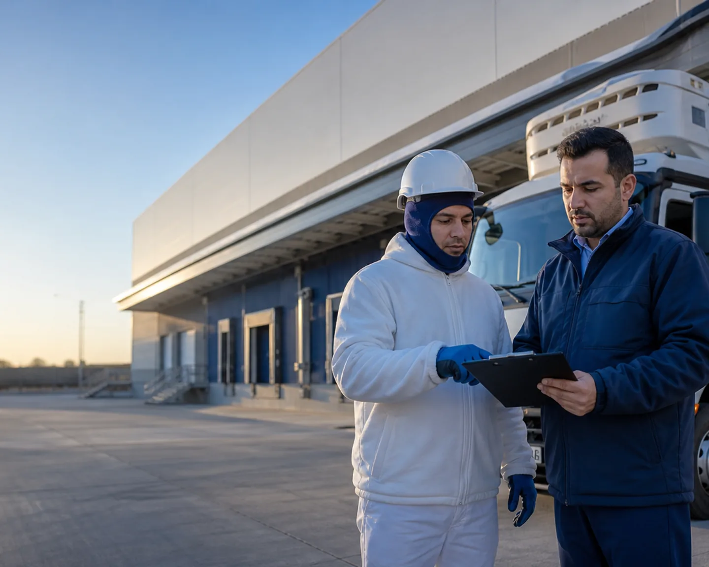 Trabalhadores de frigorífico e logística diante de centro de distribuição refrigerado