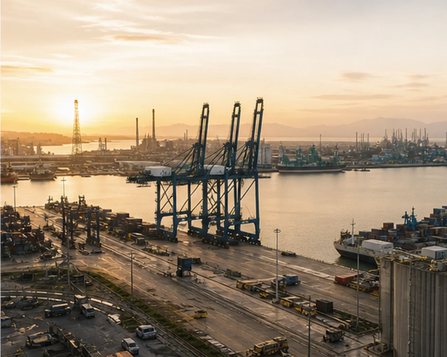 Vista ampla de área portuária e industrial ao amanhecer